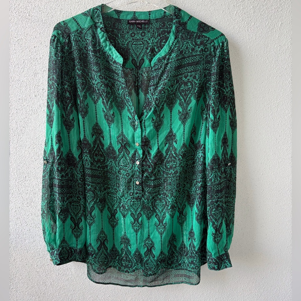Sara Michelle 2X Green‎ Black Button V-Neck Sheer Roll Tab Sleeves Office Party